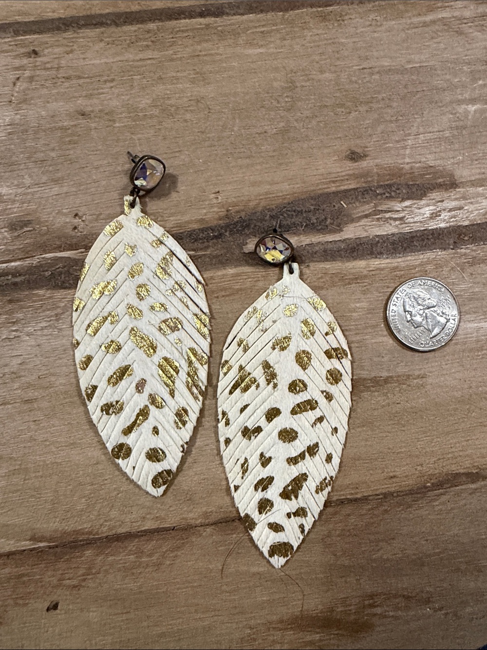 White and Gold Leaf Drop Earrings with Metallic Accents